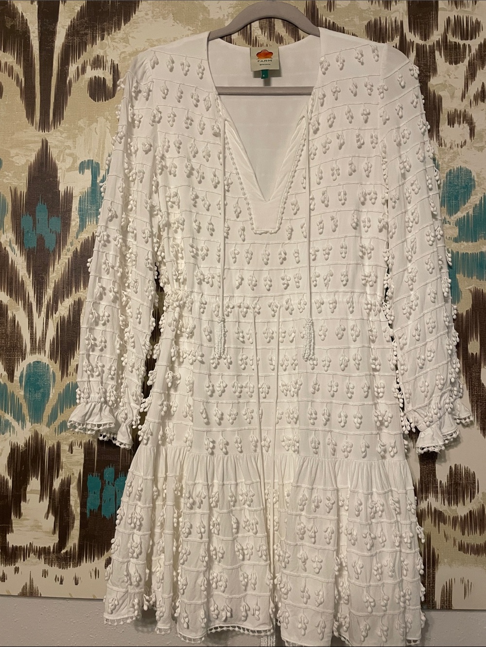FARM Rio White Pom-Pom Embellished V-Neck Mini Dress